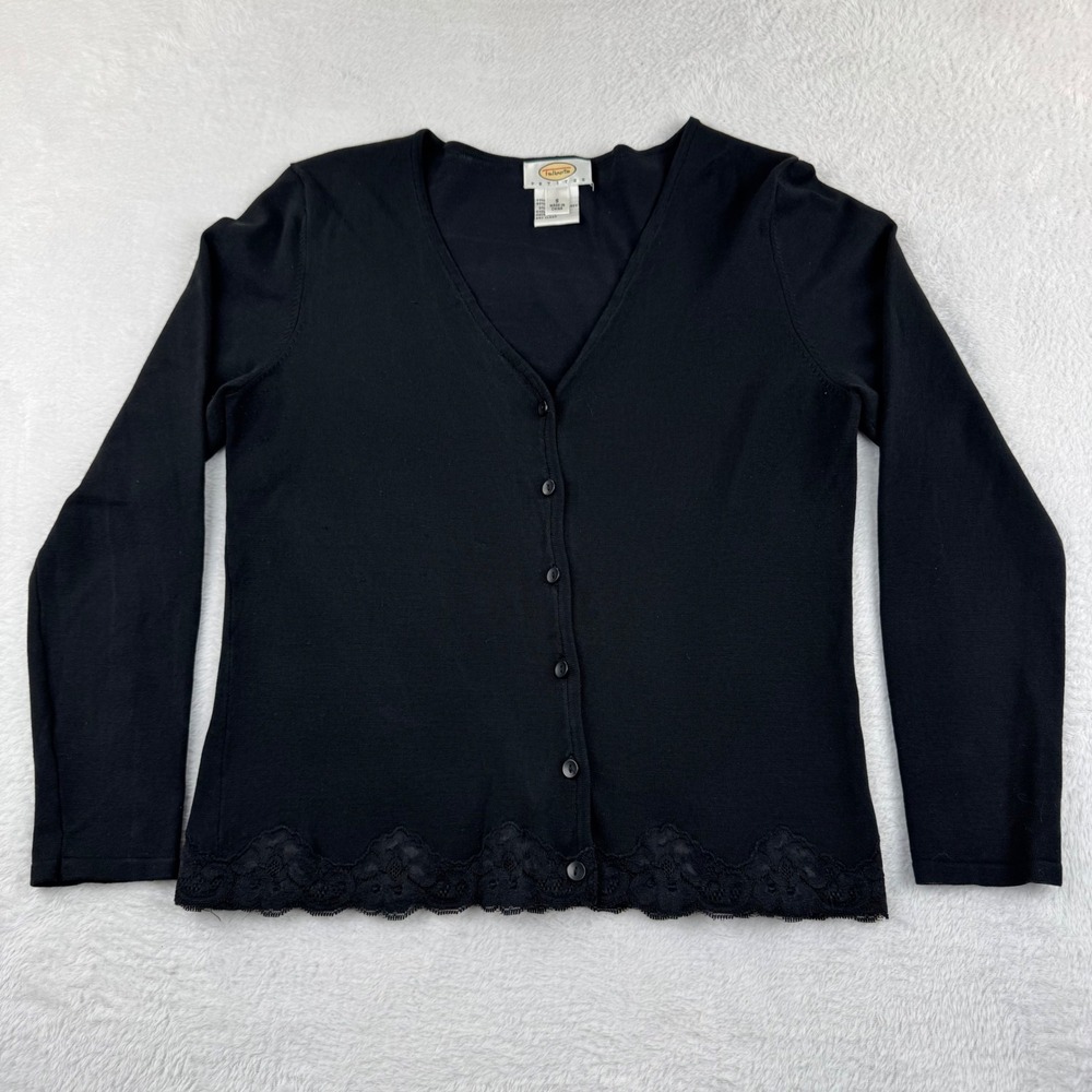 Talbots Cardigan Sweater‎ Womens Petites S Black Silk Blend Lace Trim V-Neck